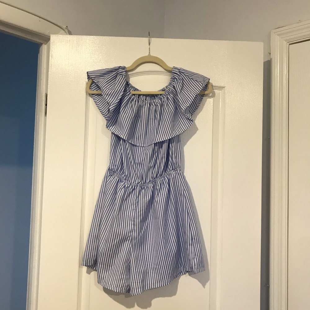 Off the shoulder seersucker romper